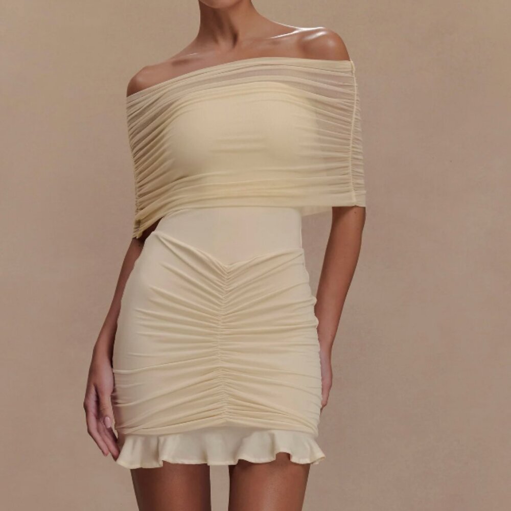 Caspian Slinky And Mesh Off Shoulder Mini Dress - Ivory Meshki